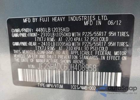 2013 Subaru Forester 2.5X Premium z USA, uszkodzony, nr VIN JF2SHADC6DH408958